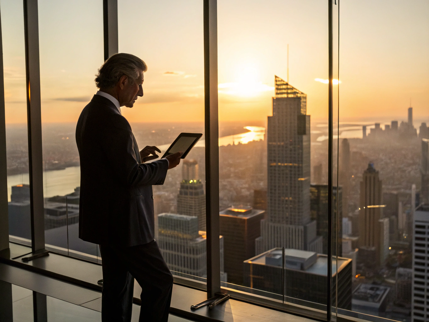 B2B executive reviewing LinkedIn influencer marketing analytics with city skyline backdrop