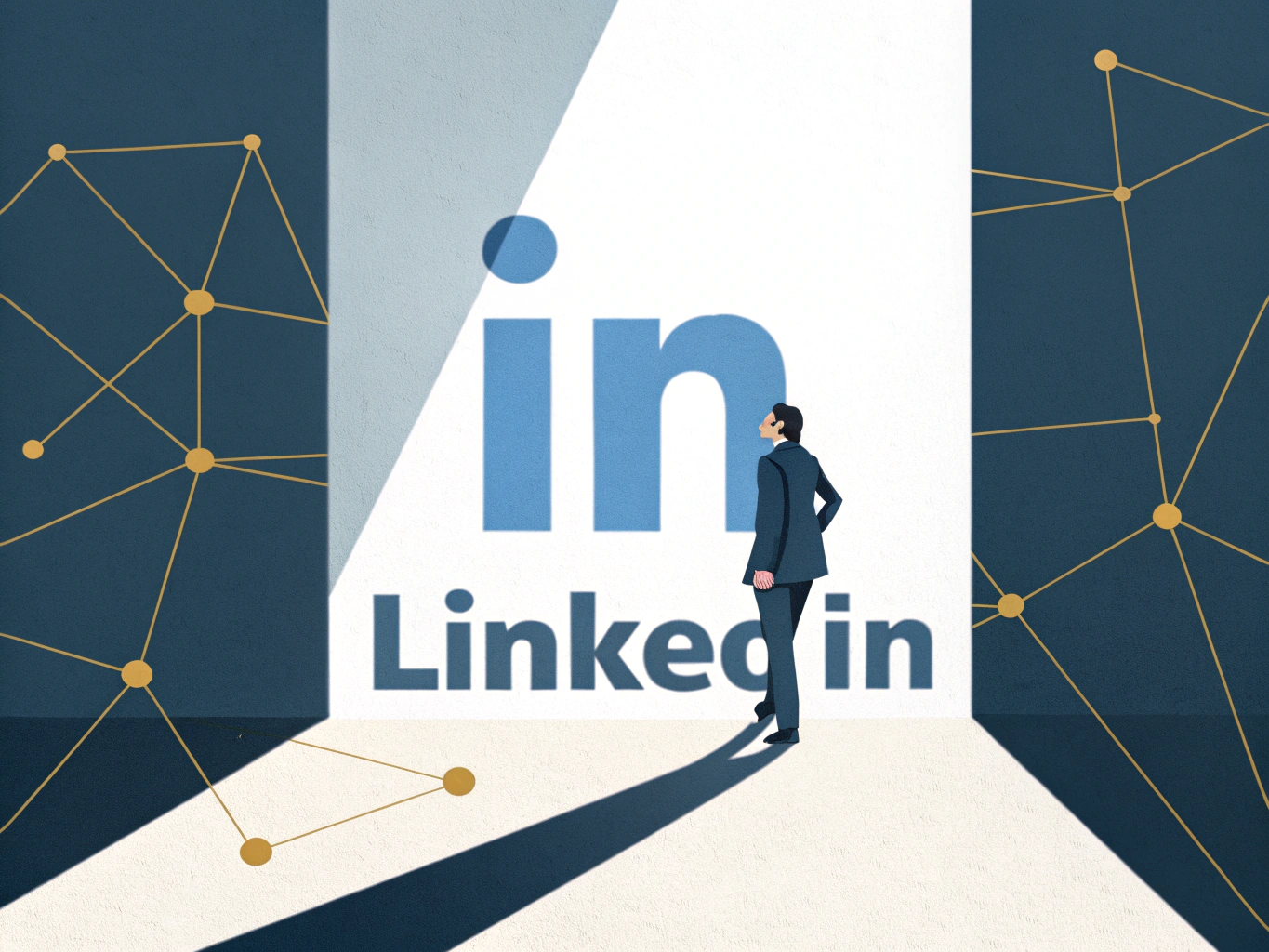 Professional standing before LinkedIn logo representing business growth and company page setup