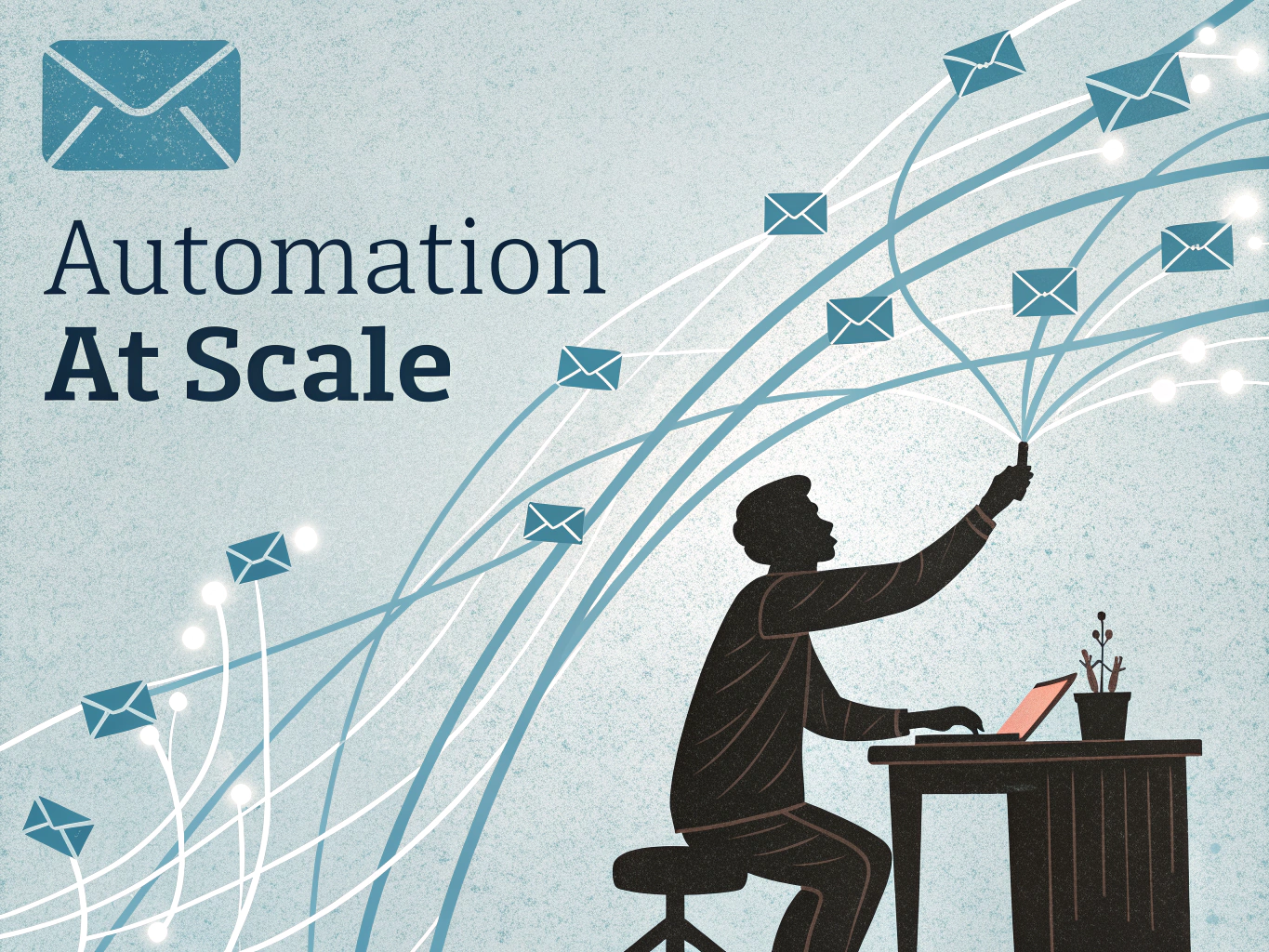 LinkedIn messaging automation illustration showing one person managing multiple automated outreach streams