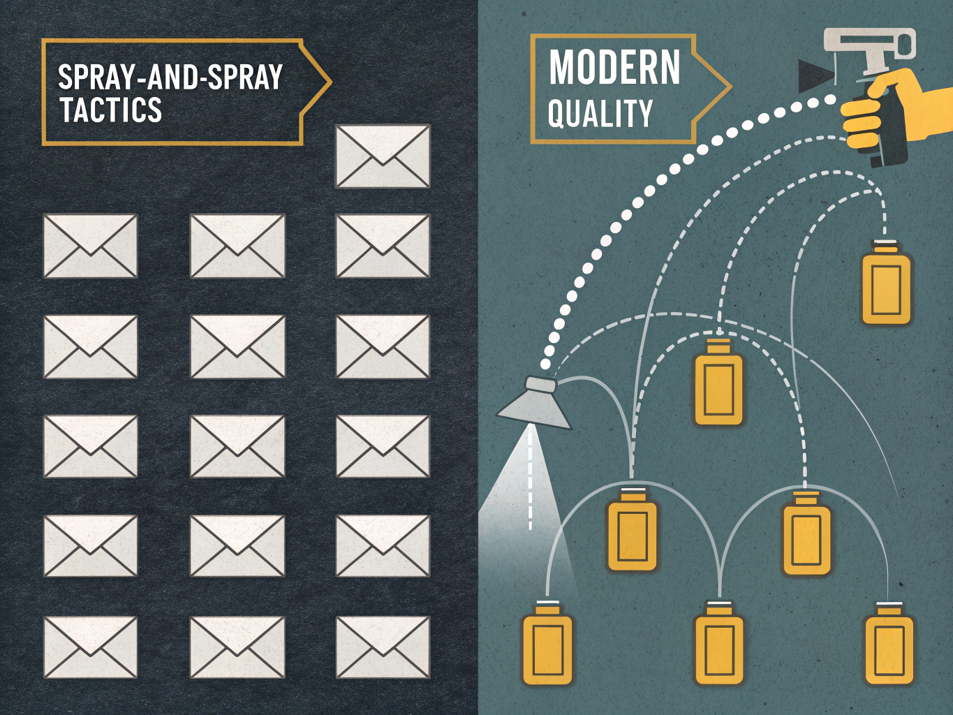 Comparison illustration showing outdated spray-and-pray LinkedIn automation versus modern quality-based approach