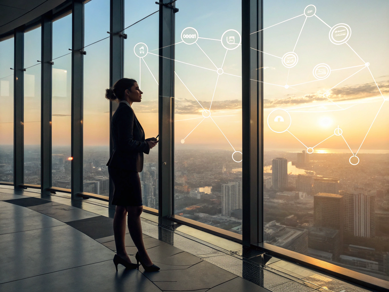Professional woman overlooking cityscape representing LinkedIn company page growth strategy and business vision