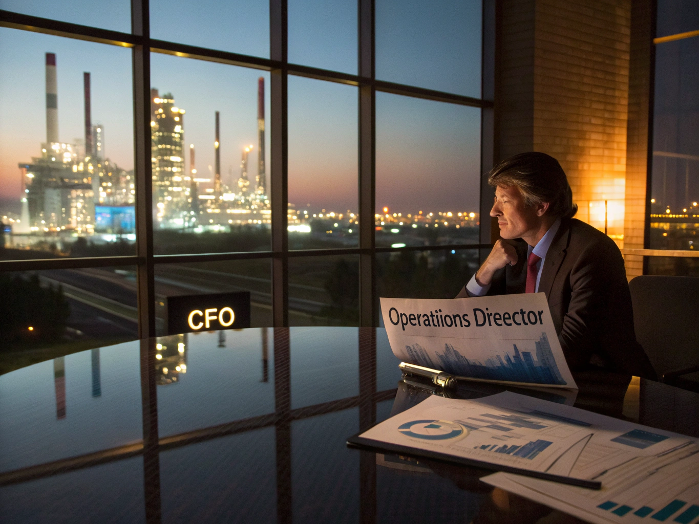 Executive reviewing predictive maintenance ROI financial analysis and performance metrics