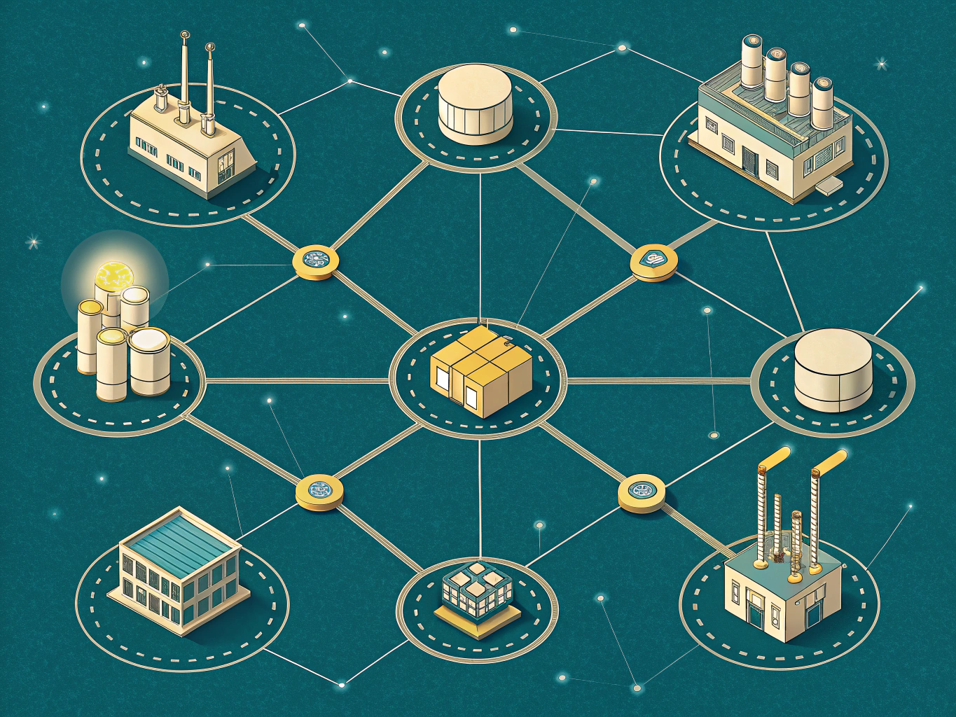 Predictive asset maintenance analytics network showing interconnected equipment with data streams