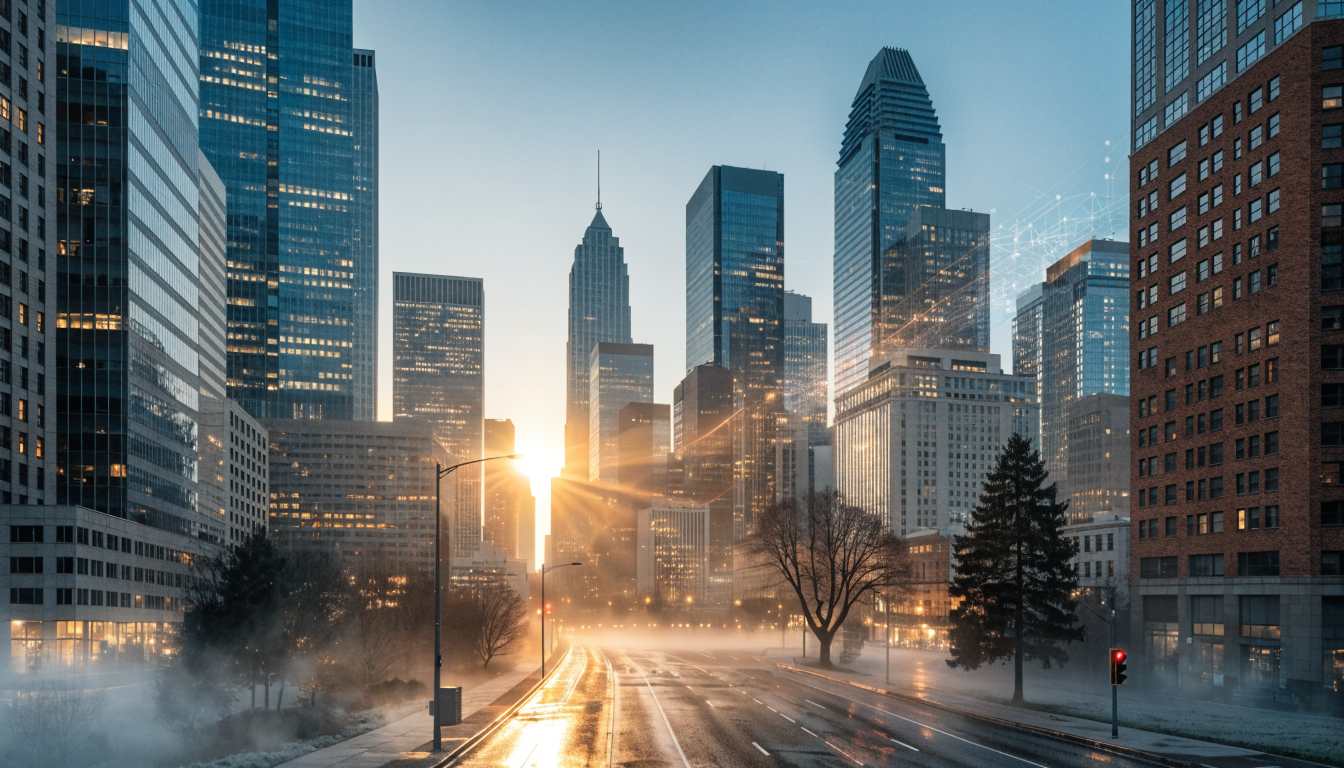 Smart city of the future at dawn, showing integrated technology and urban development