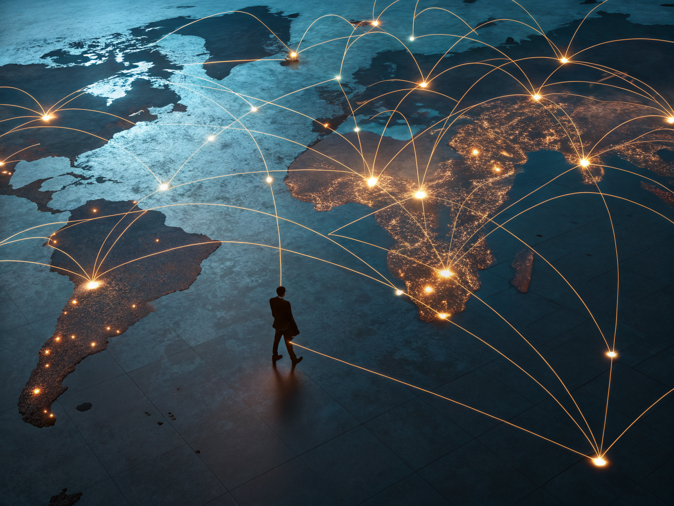 Global logistics monitoring network visualization showing real-time supply chain visibility across continents