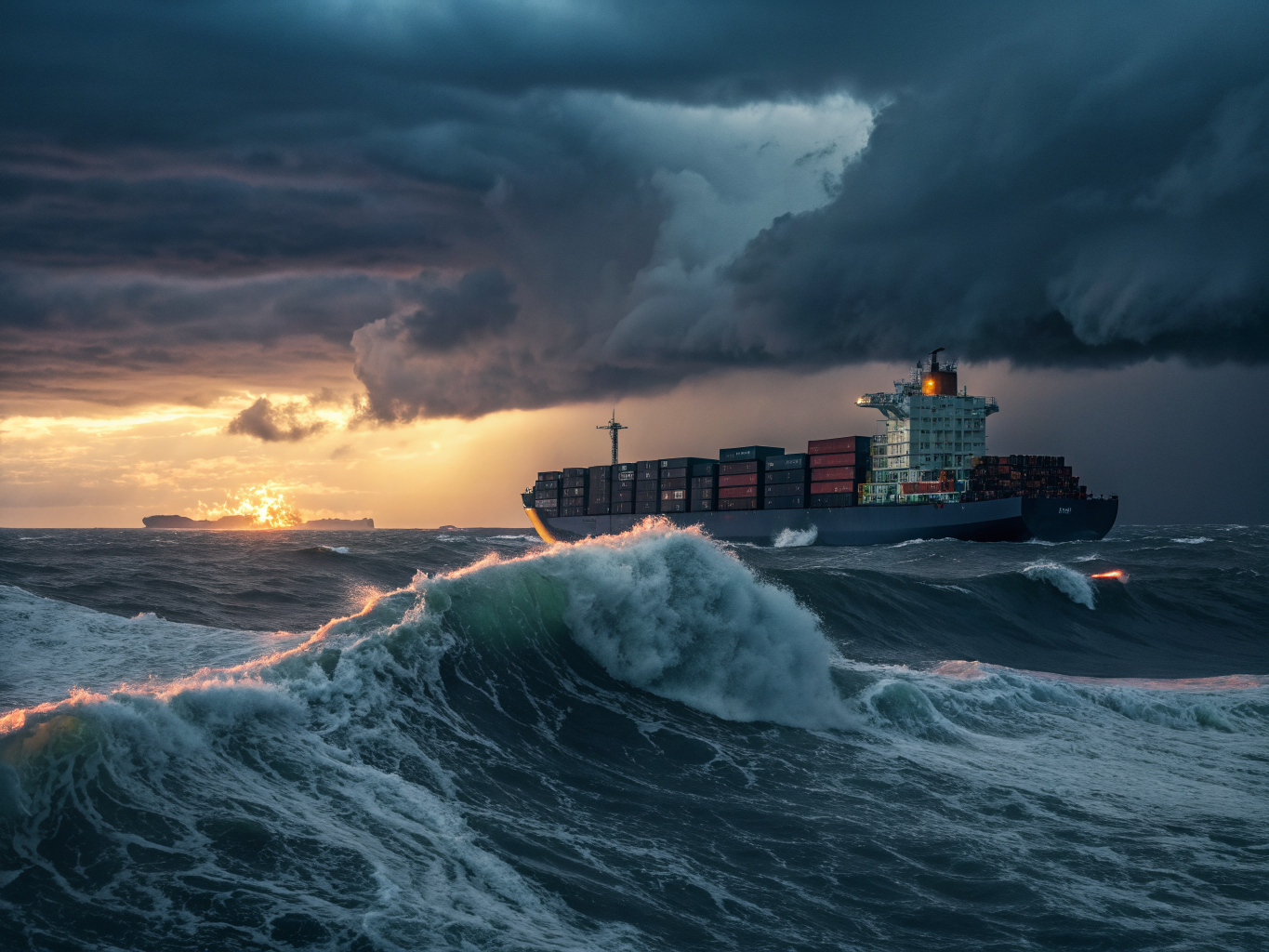 Container ship in turbulent waters symbolizing supply chain disruptions and need for real-time monitoring