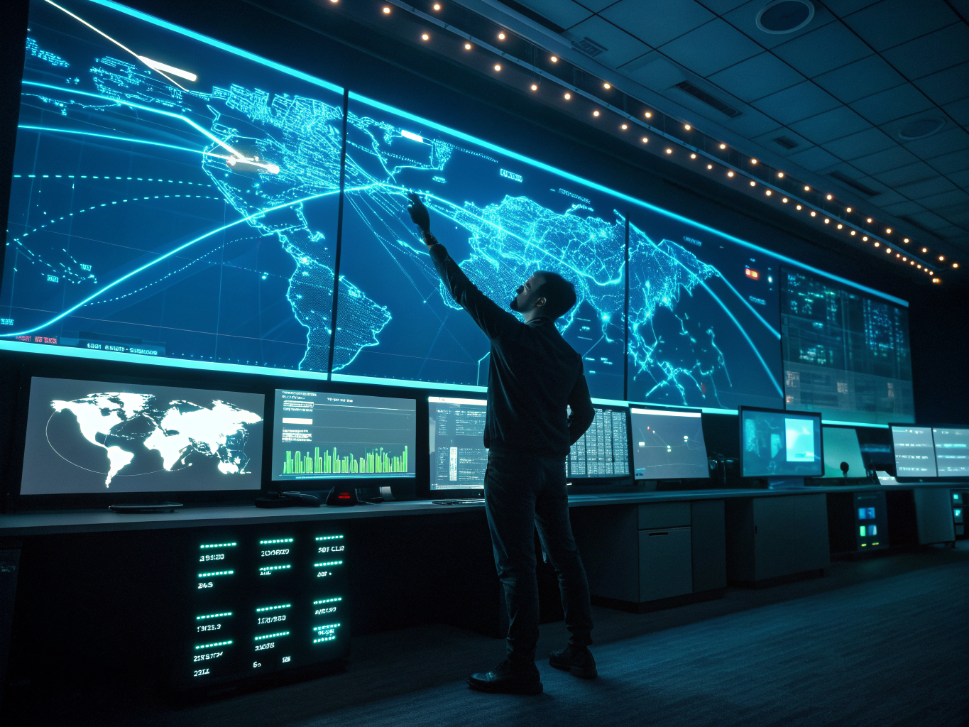Supply chain command center with real-time monitoring dashboards enabling predictive logistics decisions