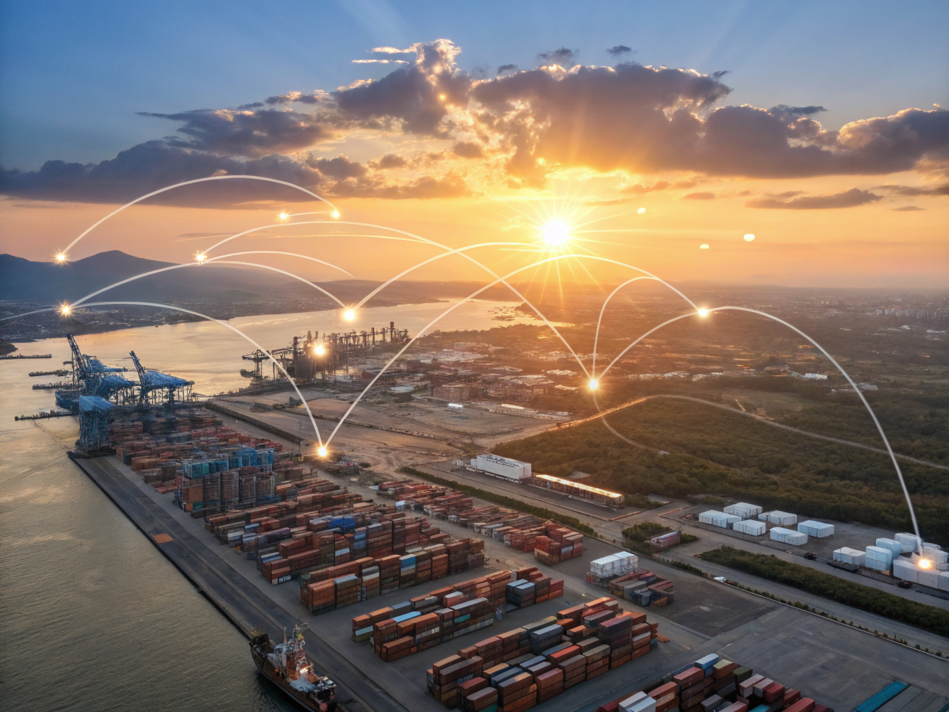 Dawn breaking over global supply chain network symbolizing clarity and strategic advantage of logistics monitoring
