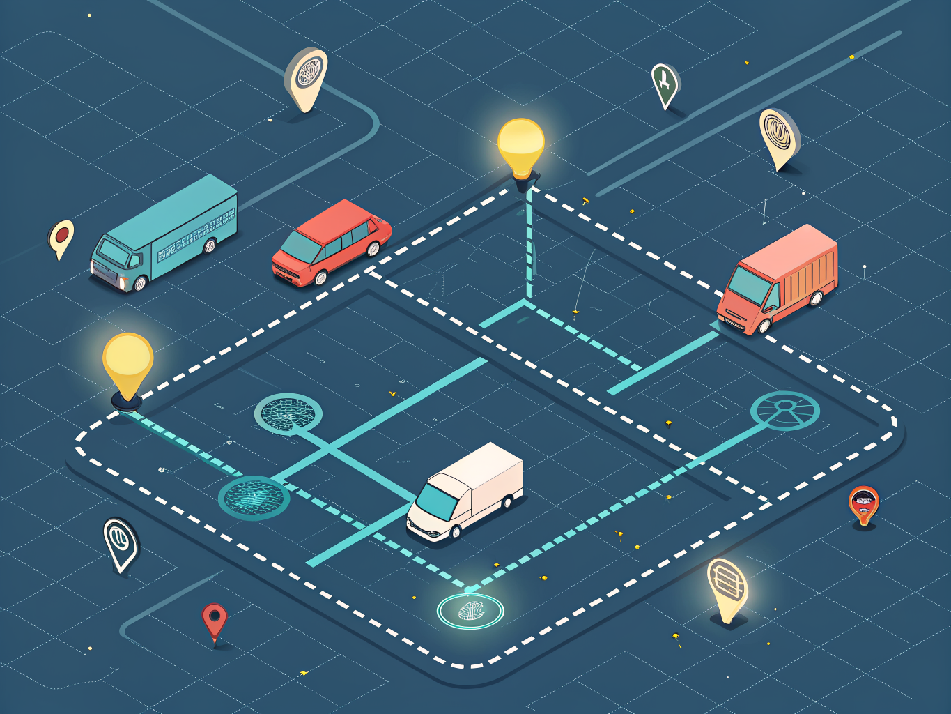 Real-time routing optimization network showing multiple delivery vehicles following intelligent, color-coded routes