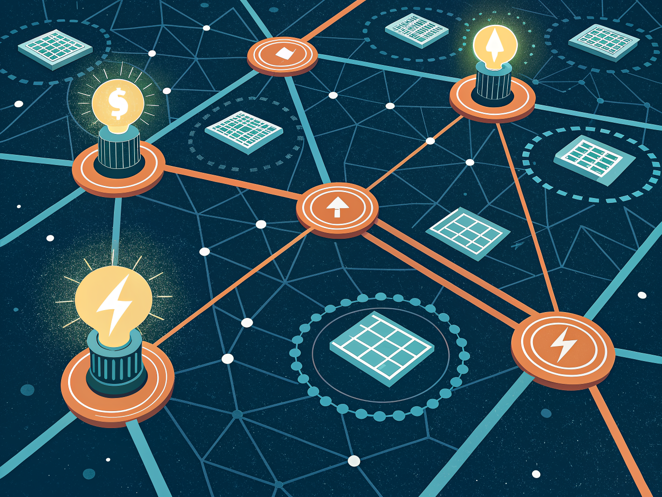 Grid optimization software architecture showing interconnected energy nodes and data flows