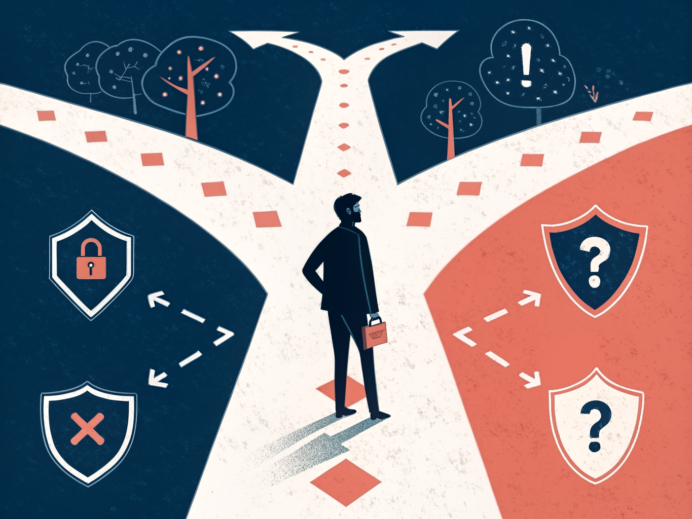 Fraud detection analytics decision crossroads showing secure path versus risk