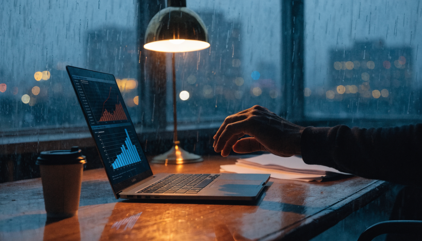 Laptop displaying analytics metrics in uncertain lighting, representing GDPR compliance dilemma