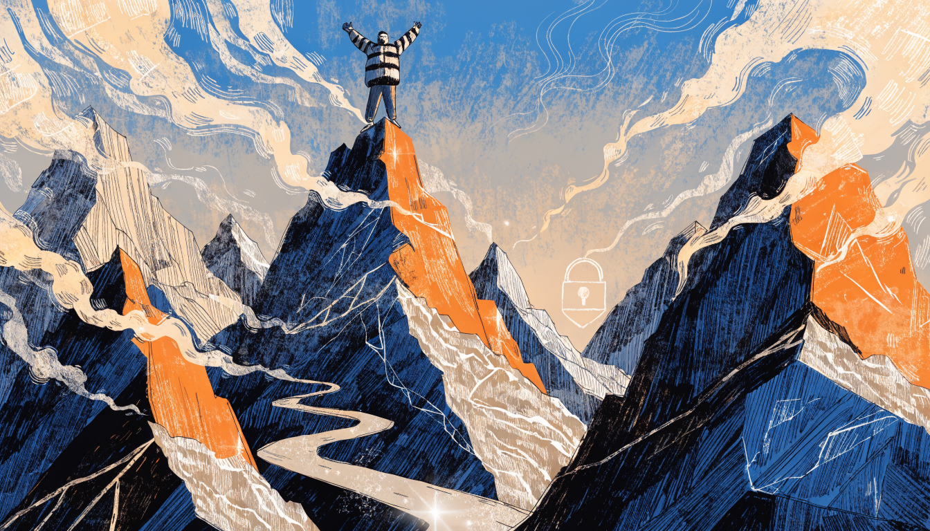Illustration of person achieving GDPR compliance milestone on mountain peak