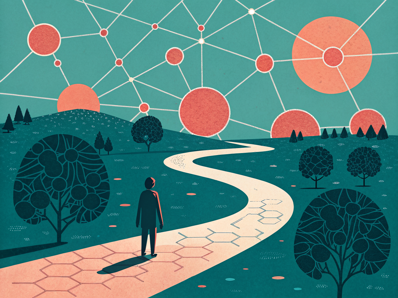 Customer journey visualization showing interconnected touchpoints along a winding path