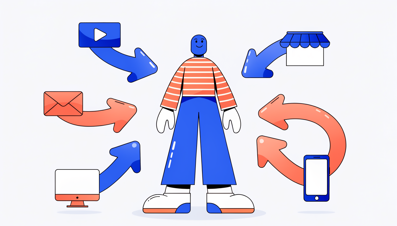 Customer journey analytics touchpoints visualization showing multiple channels converging on a customer