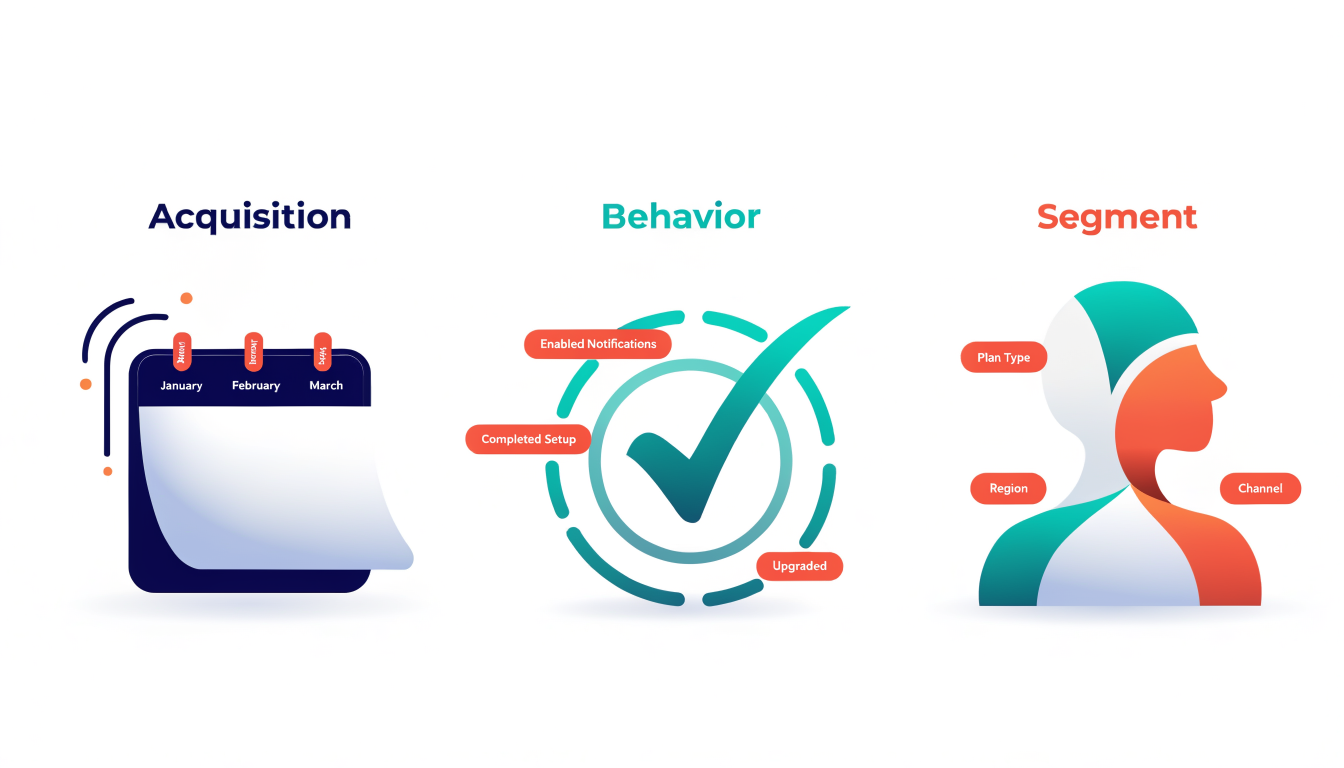 Three types of cohorts illustrated: acquisition cohorts, behavior cohorts, and segment cohorts