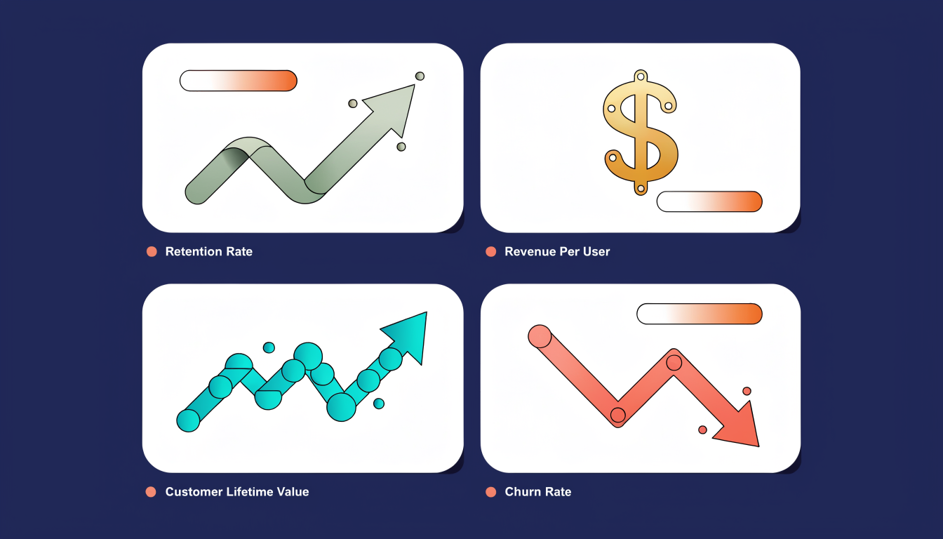 Key metrics for cohort analysis displayed as dashboard cards: retention rate, revenue per user, customer lifetime value, and churn rate
