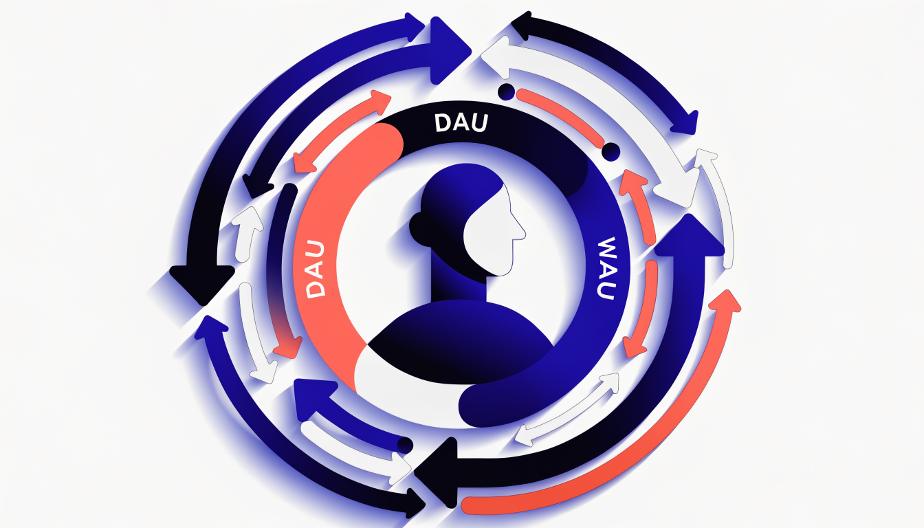 User stickiness concept showing DAU, WAU, and MAU frequency cycles