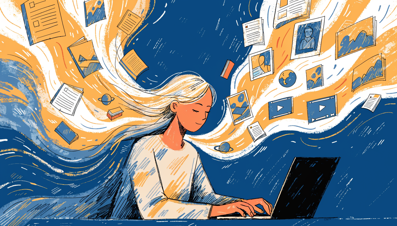 AI content creation tools automating the content production process with flowing digital streams