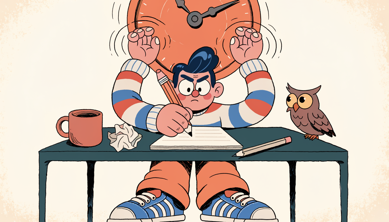 Illustration av student under tidspress på högskoleprovet