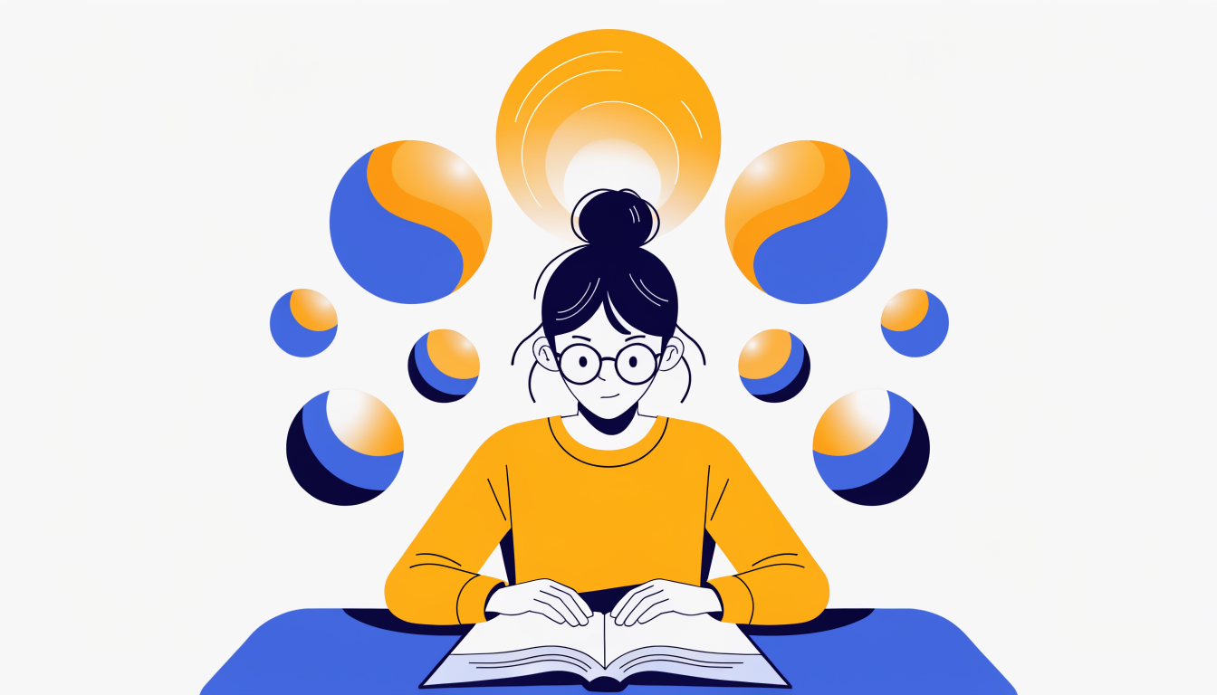 Illustration av lugn student med fokuserad energi inför högskoleprovet