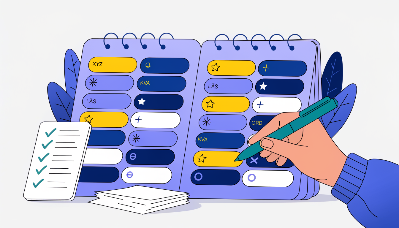 Strukturerad studieplan för högskoleprovet med färgkodade tidsblock