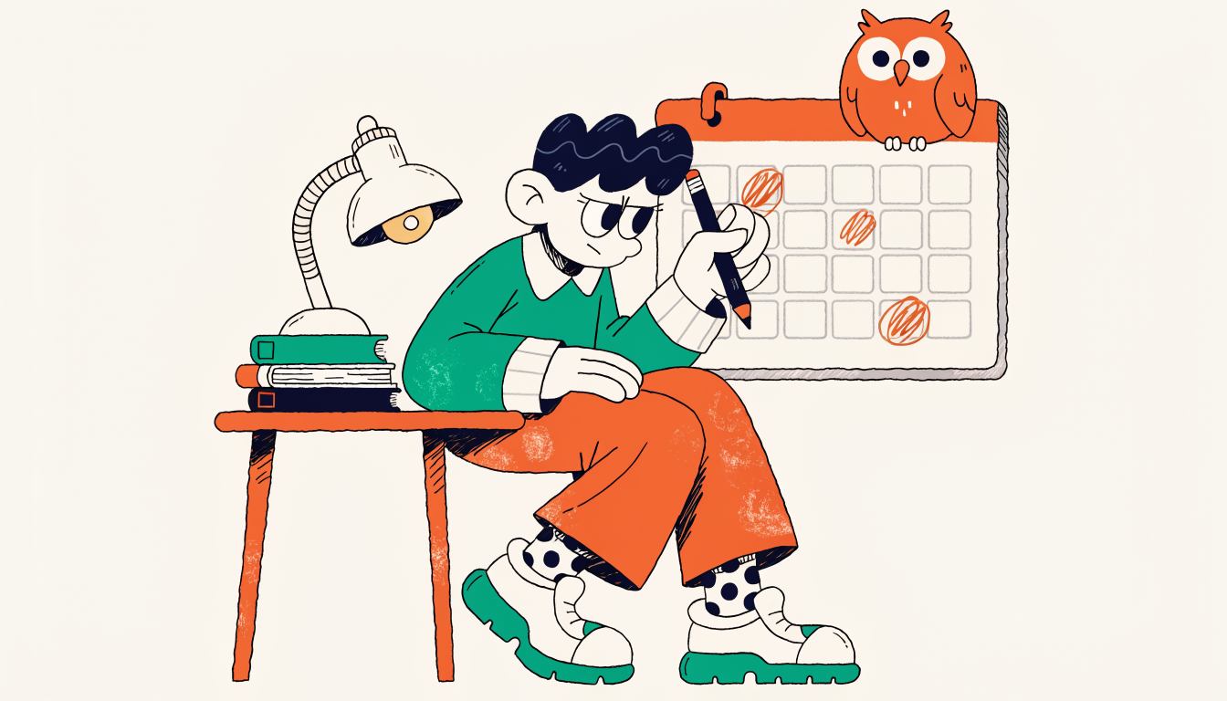 Student planning SAT study timeline with calendar and books