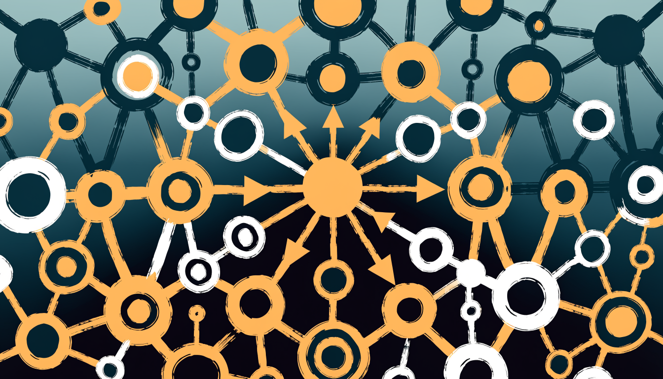 Link building strategy network showing interconnected backlinks pointing to a central website