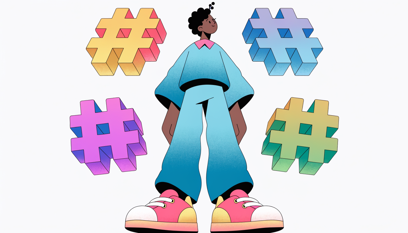 LinkedIn hashtag symbols surrounding a professional representing content discovery and reach