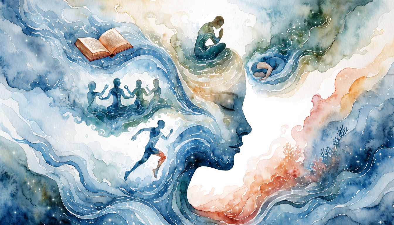 Illustration av metoder för att stärka hypocampus genom träning, meditation, inlärning och sömn