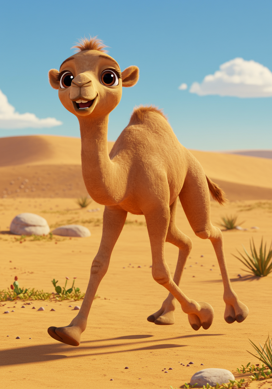 Characters: @kamel, a two-humped camel, is depicted joyfully skipping and playing in a vibrant, sun-drenched desert landscape. His long legs are in mid-stride, and his humps are subtly jiggling, conveying movement and cheerfulness. He has a wide, happy smile.
Background: The ground is a warm, soft sand, with small, scattered desert plants like low-lying succulents and a few smooth, light-colored rocks. The sky is a clear, bright blue with a few wispy, light clouds far off in the distance. The lighting is strong and warm, creating distinct, soft shadows.
Camera Focus: An eye-level, medium shot of @kamel, capturing his full body and the immediate surroundings.