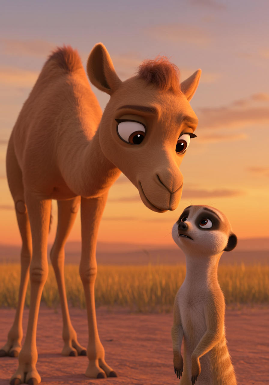 Characters: @kamel is leaning down slightly, his expression gentle and questioning as he looks at @mika. @mika is shaking her head, her eyes wide with a mix of curiosity and slight wonder, not sleepiness. Background: The background is a soft, blurred wash of warm sunset colors, creating an intimate atmosphere around the two friends. The strong directional light highlights their profiles. Camera Focus: Close-up on @kamel and @mika's faces, emphasizing their interaction and Mika's curious expression in the fading light.