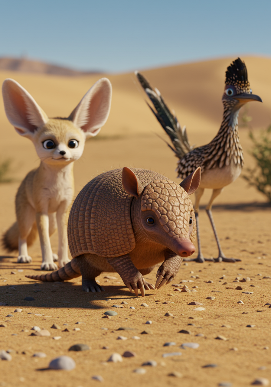 Characters: @remy (armadillo) is front and center, looking thoughtful and a little worried, with its snout slightly wrinkled. @flick (fennec fox) and @pip (roadrunner) are partially visible behind @remy, their expressions reflecting @remy's concern, looking towards the direction of the sound. Background: The ground beneath them is a sandy, textured surface, with small, soft-looking desert pebbles. In the distance, the blurry shapes of more dunes and plants are visible. Camera Focus: An eye-level view, slightly favoring @remy, captures their collective apprehension and curiosity.