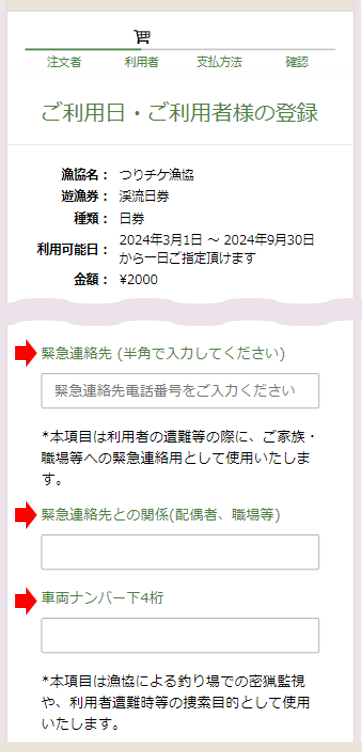 日券の場合の任意項目入力