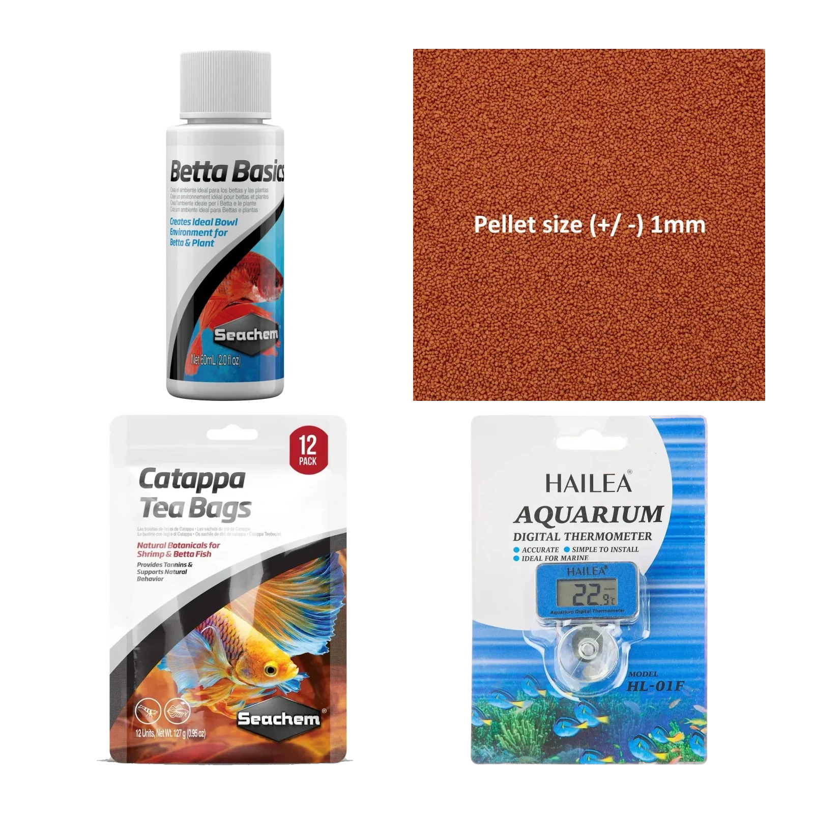 Betta Starter Kit — Seachem Betta Basics, Ocean Nutrition Atison Betta Food Pro, Seachem Catappa Tea Bags, Hailea Submersible Digital Thermometer