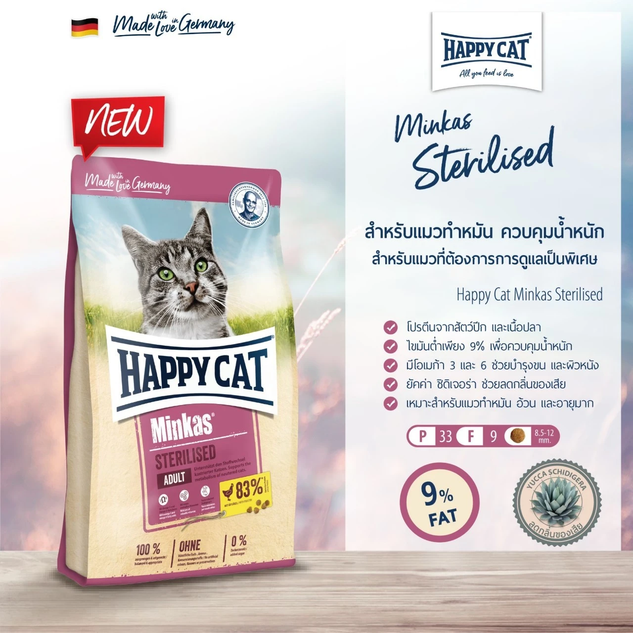 HAPPY CAT Minkas STERILISED อาหารเม็ดสำหรับแมวโตทุกสายพันธุ์ สูตรแมวทำหมัน