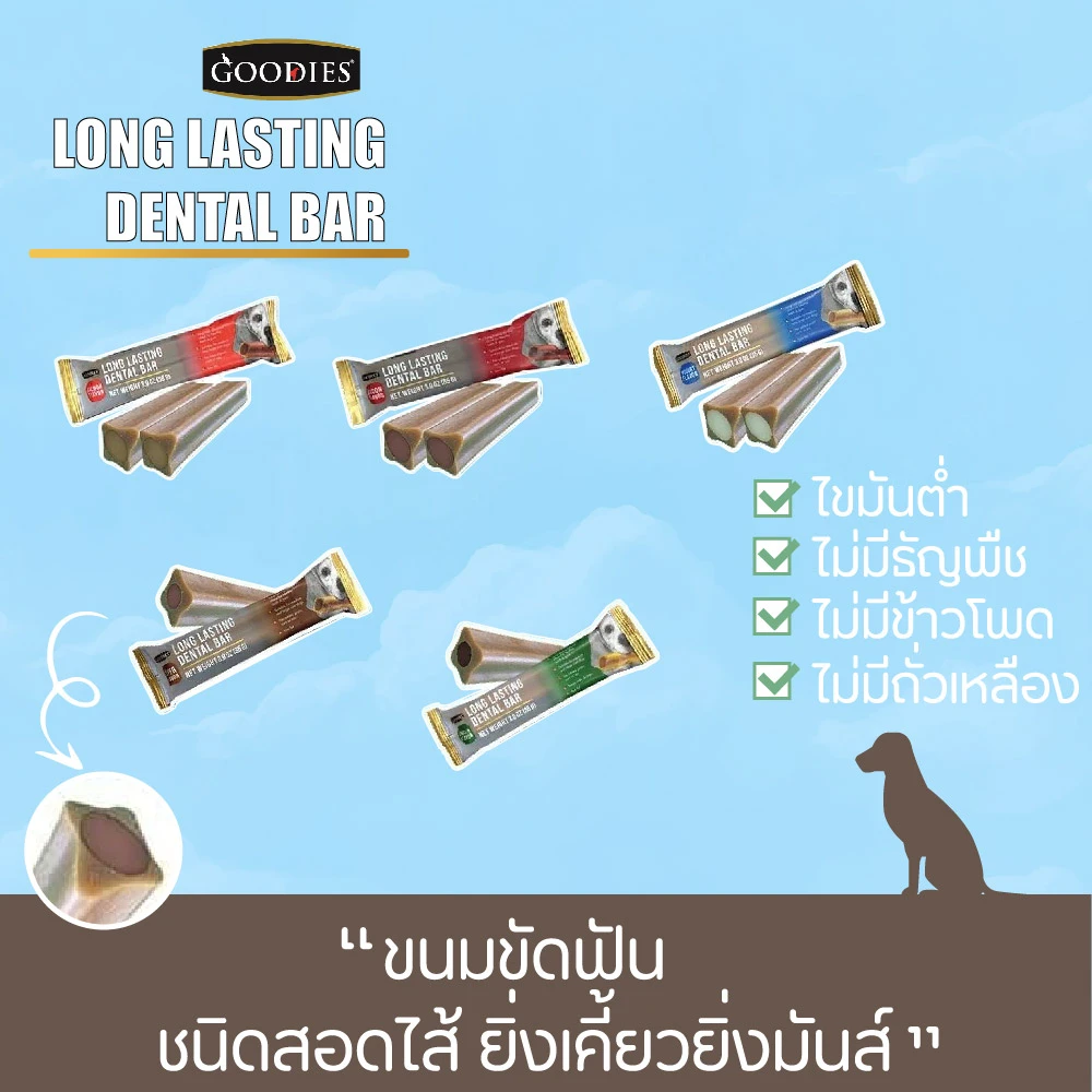 Goodies LONG LASTING DENTAL BAR ขนมขัดฟัน ชนิดสอดไส้ สำหรับสุนัขทุกสายพันธุ์ทุกช่วงวัย