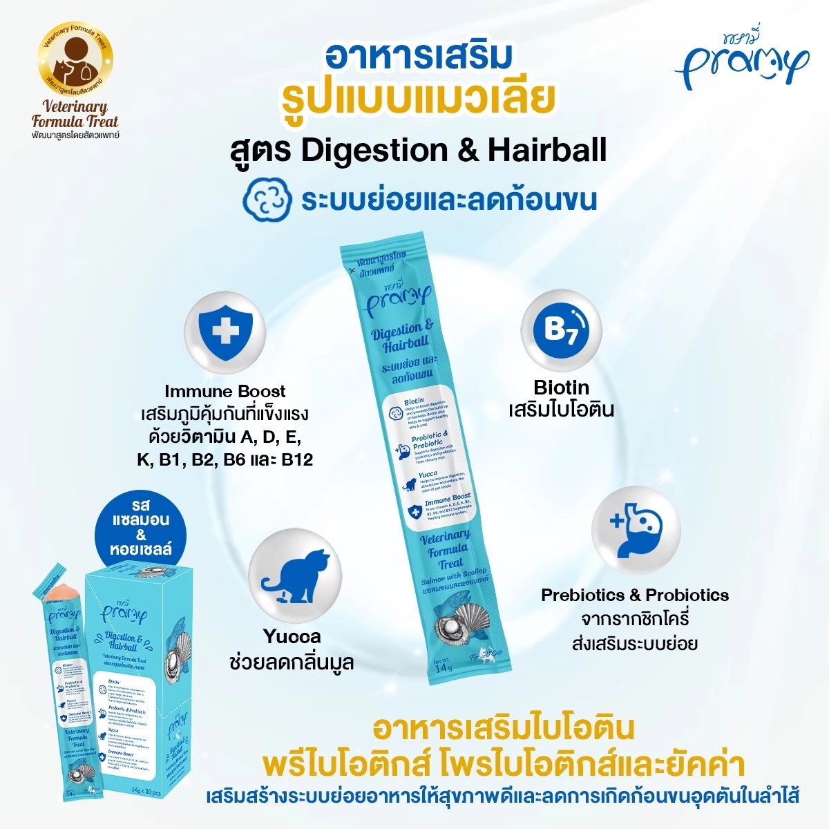 Pramy Digestion & Hairball ขนมแมวเลีย สำหรับแมวทุกสายพันธุ์ทุกช่วงวัย สูตรระบบย่อยและลดก้อนขน แซลมอนและหอยเซลล์