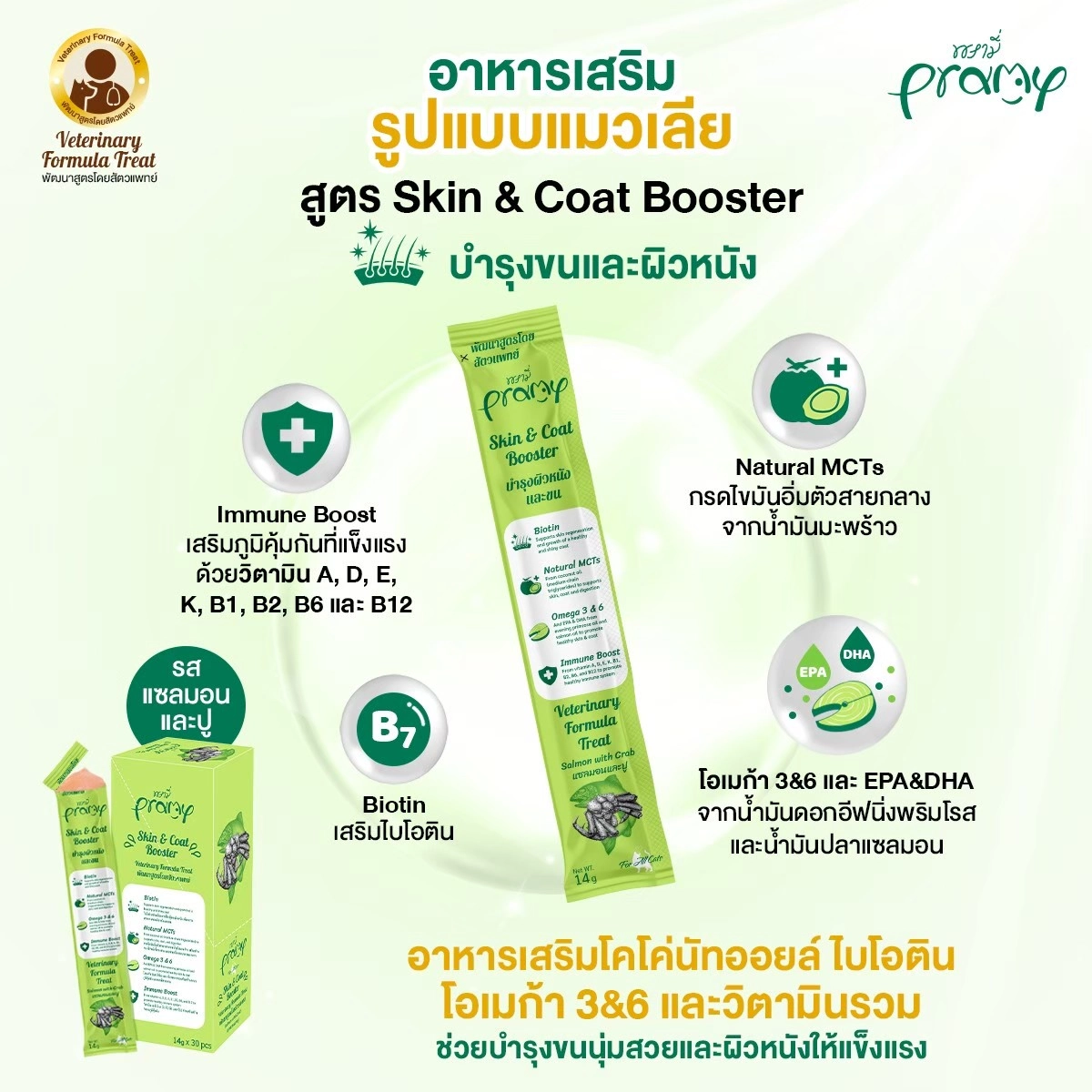 Pramy Skin & Coat Booster ขนมแมวเลีย สำหรับแมวทุกสายพันธุ์ทุกช่วงวัย สูตรบำรุงขนและผิวหนัง แซลมอนและปู