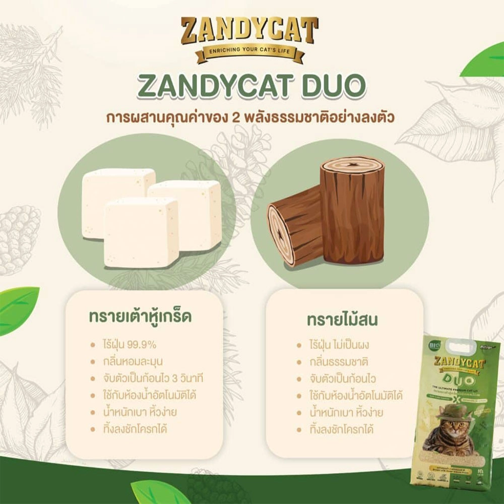 Zandycat Duo ทรายเต้าหู้ผสมไม้สน ชนิดเกล็ด 10L