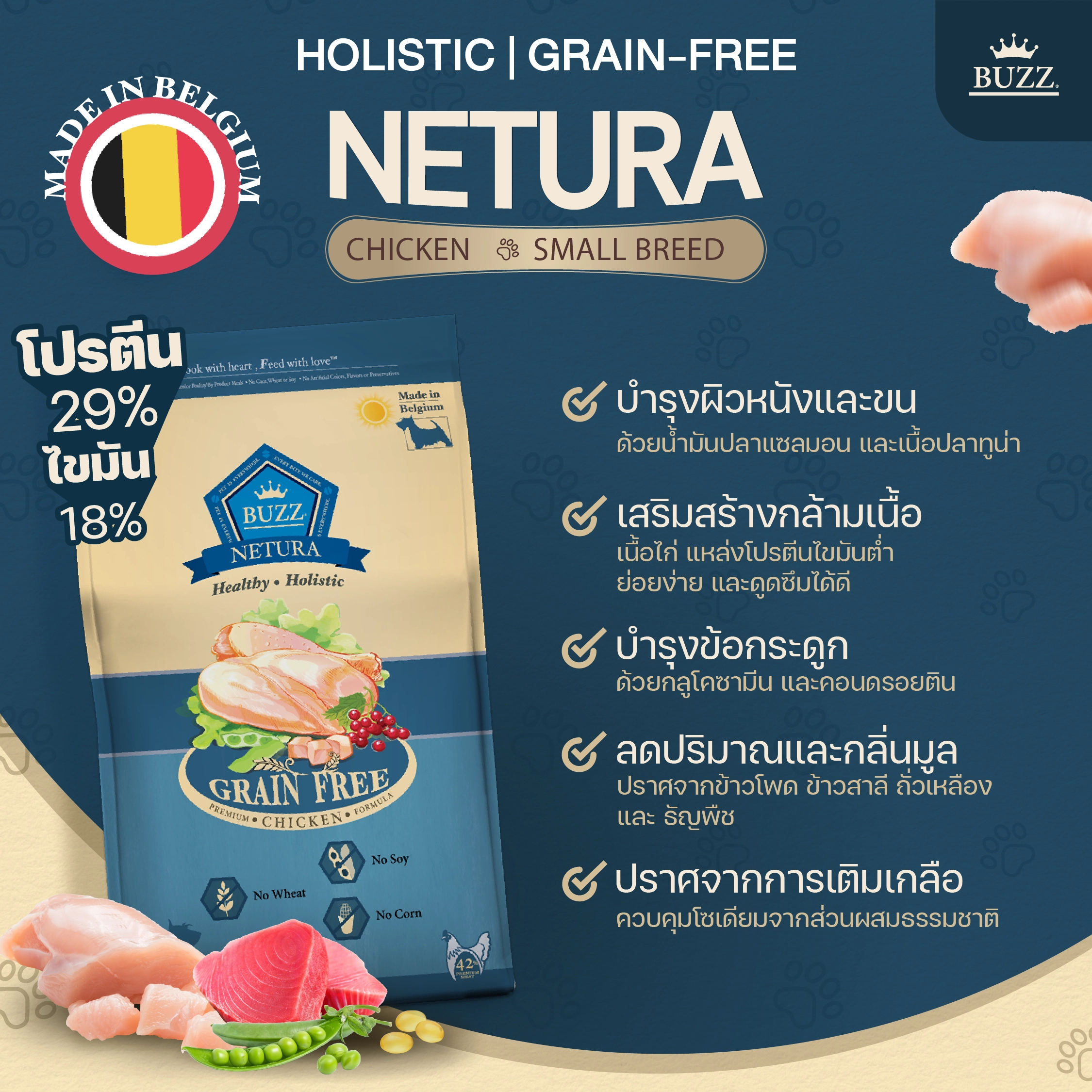 BUZZ NETURE HOLISTIC GRAIN FREE CHICKEN ADULT อาหารเม็ด สำหรับสุนัขโตพันธุ์กลาง-ใหญ่ สูตรเนื้อไก่