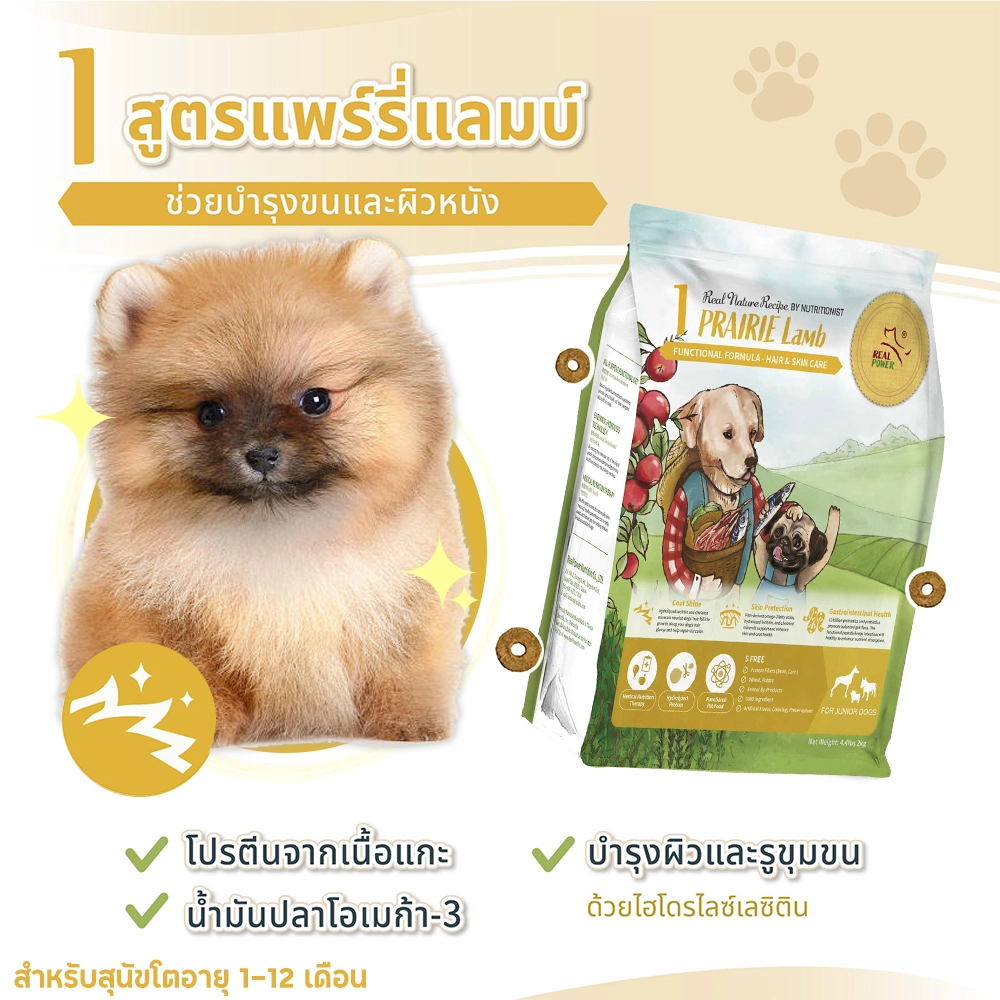 REAL POWER 1 PRAIRIE Puppy อาหารเม็ดสำหรับลูกสุนัขทุกสายพันธุ์ สูตรเนื้อแกะ บำรุงผิวหนังและขน