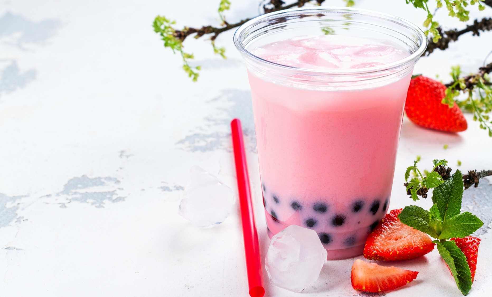 Pouring Glass Healthy Strawberry Boba Bubble Tea Fresh Fruit