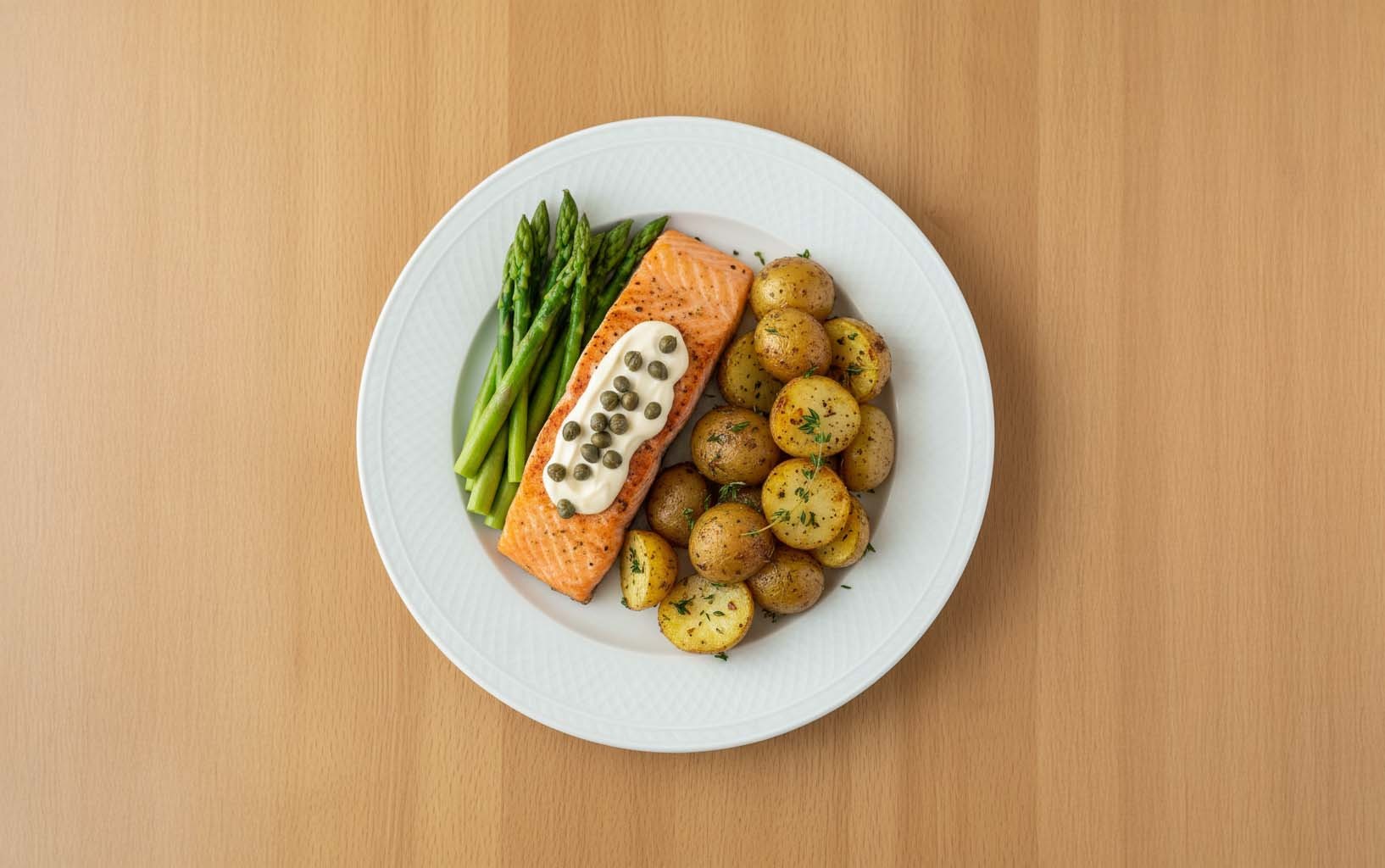 Salmón con Papas y Espárragos a las Finas Hierbas