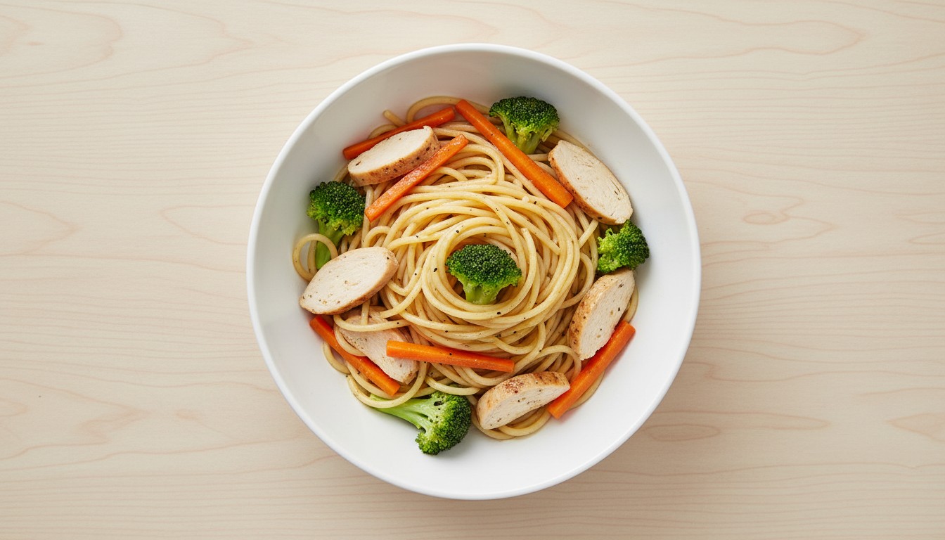 Spaghetti con Pollo, Brócoli y Zanahoria