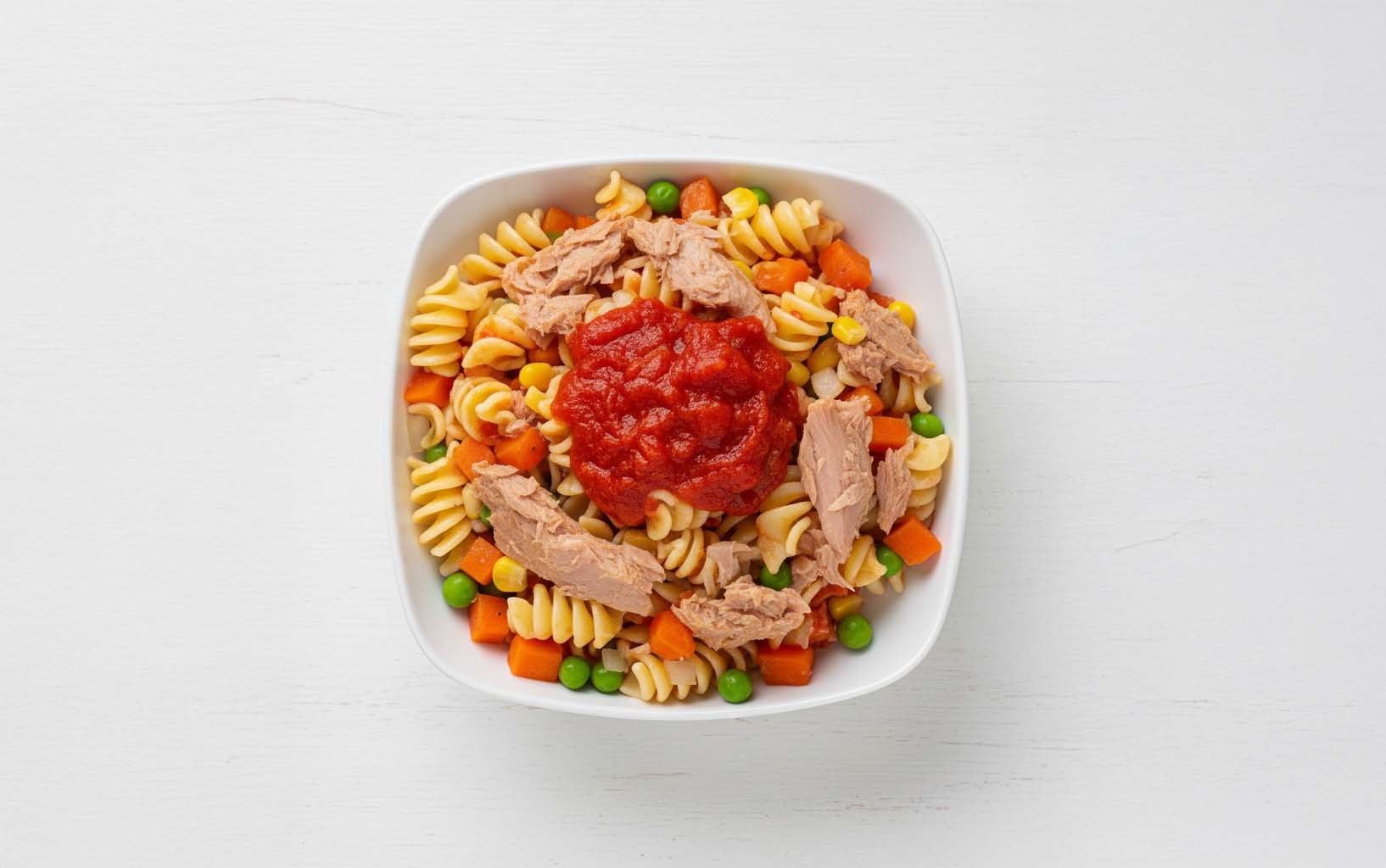 Pasta con Atún, Salsa Roja y Verduras