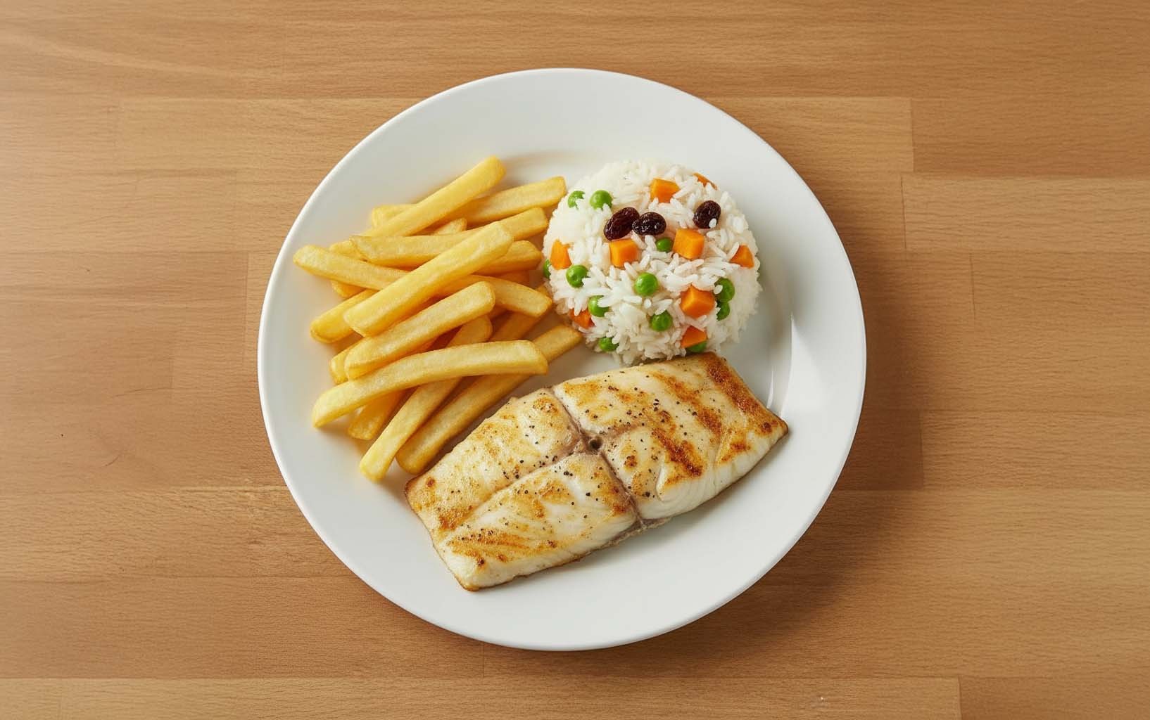 Pescado con Papas Fritas y Arroz