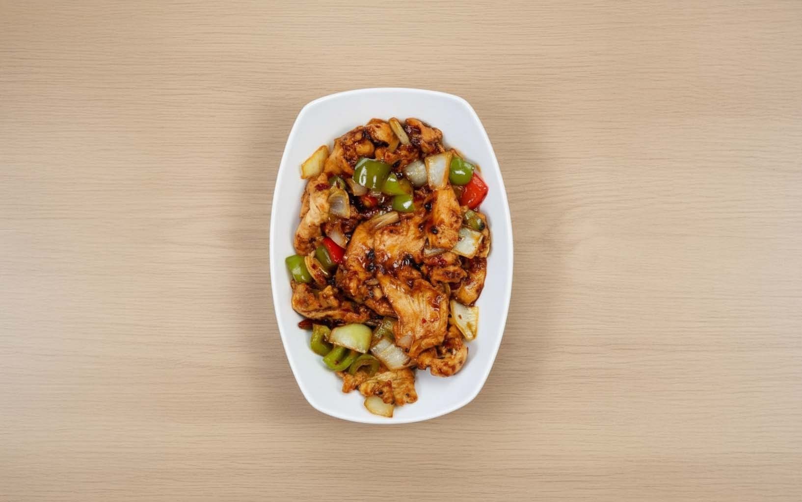 Pollo Oriental con Cebolla, Pimiento y Arroz