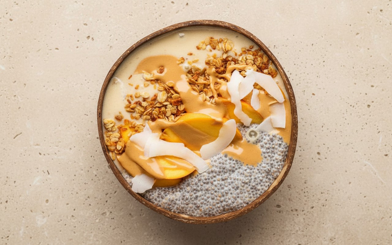 Smoothie Bowl con Bebida de Almendras, Mango, Pudín de Chía, Granola Casera y Mantequilla de Maní