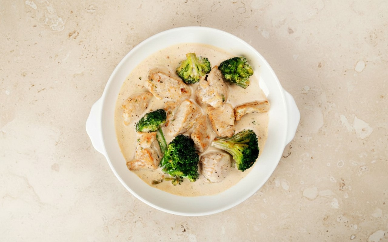Pollo en Salsa Blanca con Brócoli